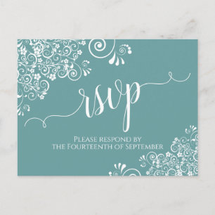 Lacy White Calligraphy op Blauwgroen bruiloft RSVP Briefkaart