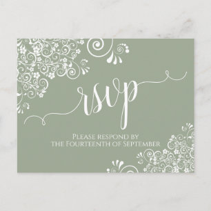 Lacy White Calligraphy op Sage Green Wedding RSVP Briefkaart