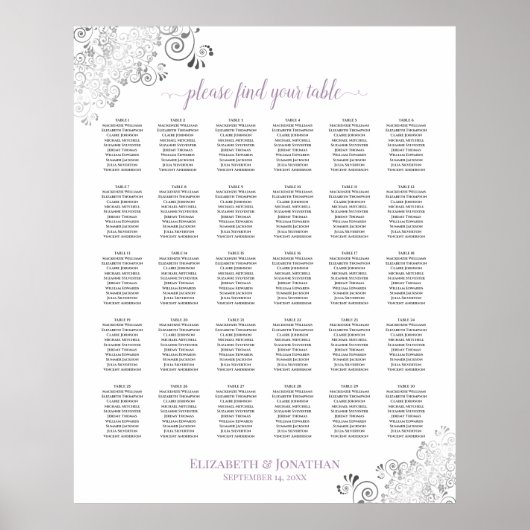 Lacy White Lavender 30 Table Wedding Seating Chart Poster (Voorkant)