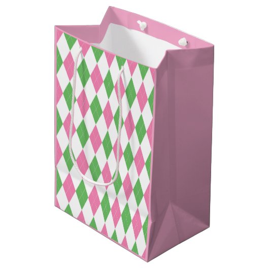 Ladies Golf League Gift Bag – Pink & Green Argyle  Medium Cadeauzakje (Voorkant Gekanteld)