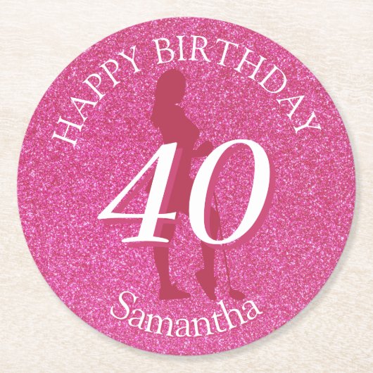 LADIES PINK GLITTER BIG BIRTHDAY RONDE KARTONNEN ONDERZETTER (Voorkant)