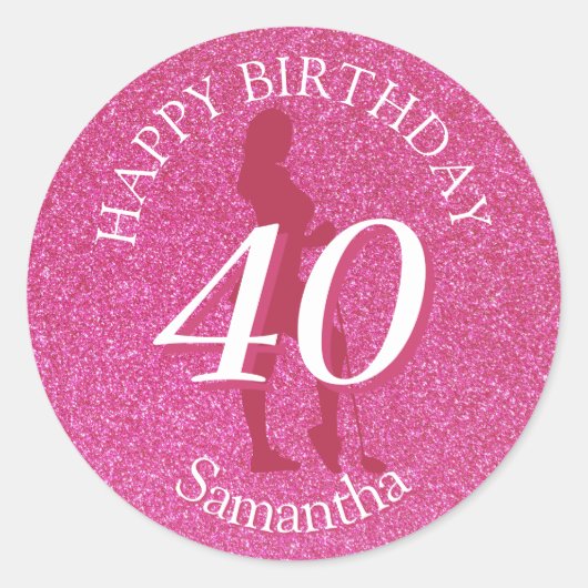 LADIES PINK GLITTER BIG BIRTHDAY RONDE STICKER (Voorkant)