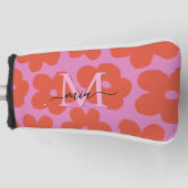 Ladies Retro Bold Pink Orange Floral Monogram Golfheadcover (Voorkant)