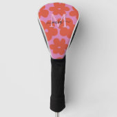 Ladies Retro Bold Pink Orange Floral Monogram  Golfheadcover (Voorkant)