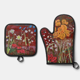 Ladrie's tuin in het rood  ovenwant & pannenlap set