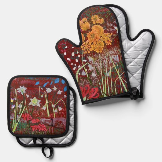 Ladrie's tuin in het rood ovenwant & pannenlap set (Voorkant / Achterkant)