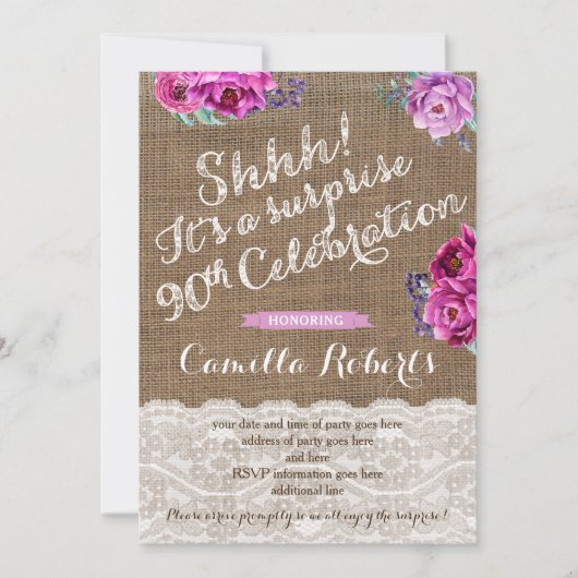 Lady 90th Surprise Birthday Party Invitation Kaart (Voorkant)