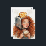 Lady and A Toaster on her head  Briefkaart<br><div class="desc">A gorgeous lady poses with a toaster on her head holding a coffee with whipped cream surreal fantasy AI generated art</div>