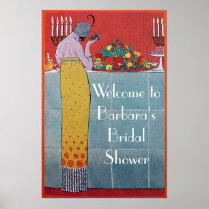 LADY AND FRUITS TABEL SET ART DECO WEDDING SHOWER POSTER