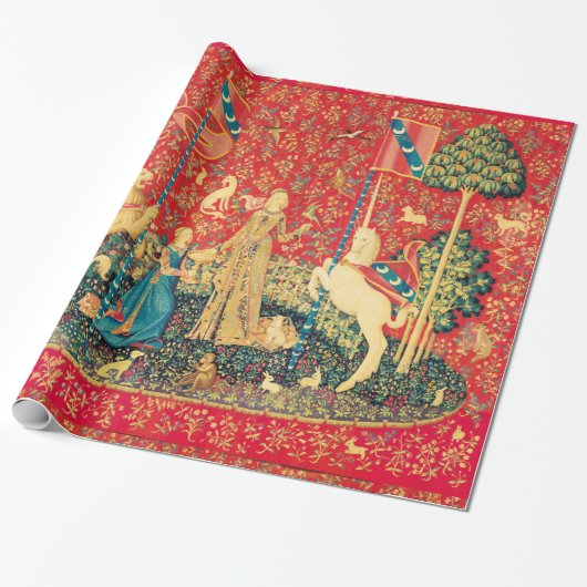LADY AND UNICORN Lion, Fantasy Flowers, Animals Cadeaupapier (Uitgerold)