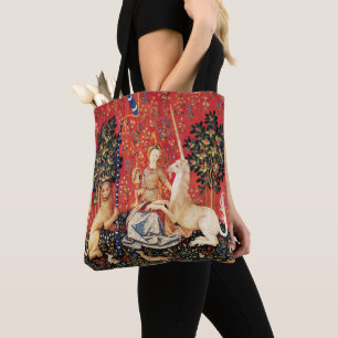 LADY AND UNICORN Lion, Fantasy Flowers, Animals Tote Bag