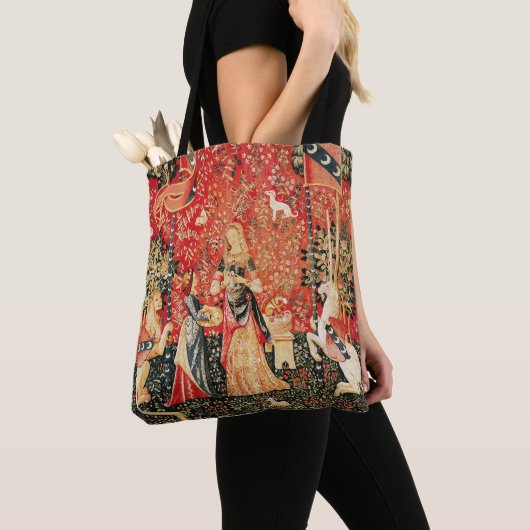 LADY AND UNICORN Lion, Fantasy Flowers, Animals Tote Bag (Dichtbij)