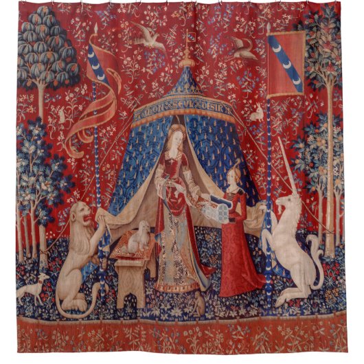 Lady and Unicorn Medieval Tapestry Desire Douchegordijn (Voorkant)