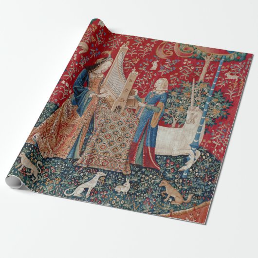 Lady and Unicorn Medieval Tapestry Hearing Cadeaupapier (Uitgerold)