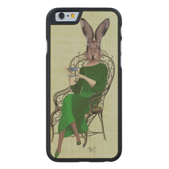 Lady Bella Rabbit met Tea 3 Carved Wood iPhone Hoesje (Achterkant)