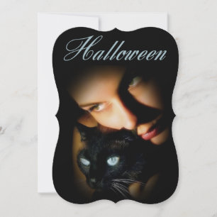 Lady & Blue Eyed Cat Adult Halloween Party Invite Kaart