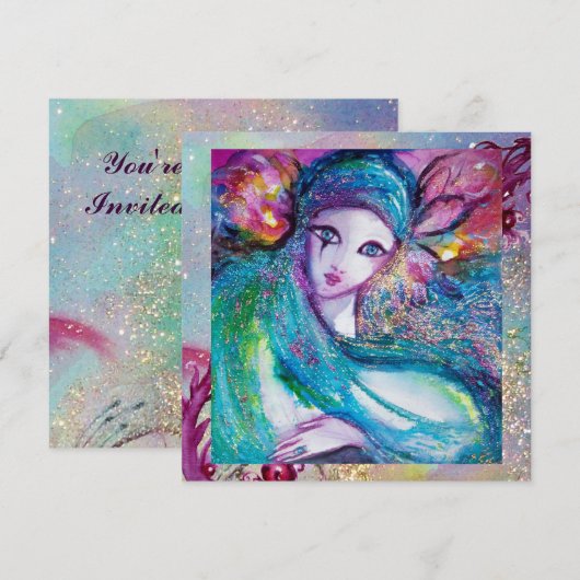 LADY BLUE MASK Elegant Venetian Masquerade Party Kaart (Voorkant / Achterkant)