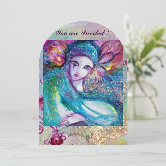 LADY BLUE MASK Masquerade Party Floral Swirls Kaart (Staand voorkant)