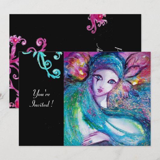 LADY BLUE MASK Masquerade Party, Red Swirls Black Kaart (Voorkant / Achterkant)