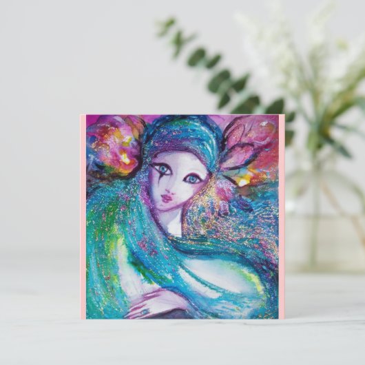 LADY BLUE MASK Masquerade Party Roze Blauwgroen Ui Kaart (Staand voorkant)