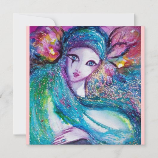 LADY BLUE MASK Masquerade Party Roze Blauwgroen Ui Kaart (Voorkant)