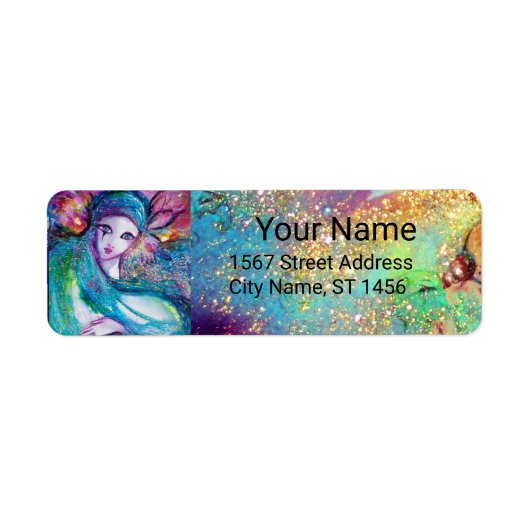 LADY BLUE MASK Pink Green Gold Floral Sparkles Etiket (Voorkant)