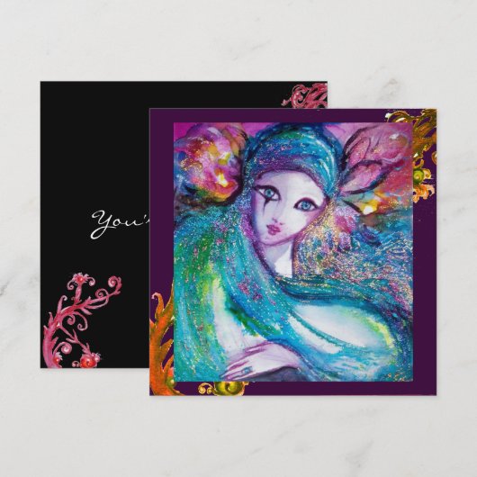 LADY BLUE MASK Red Yellow Swirls Masquerade Party Kaart (Voorkant / Achterkant)