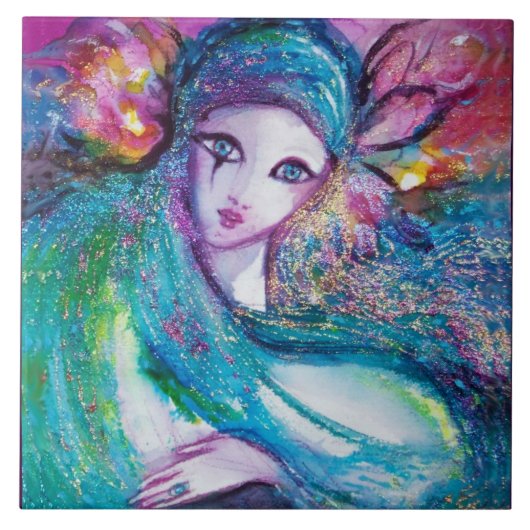 LADY BLUE MASK Venetian Masquerade Ball, blauwgroe Tegeltje (Voorkant)