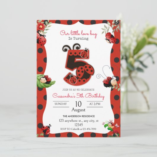 Lady Bug 5e verjaardagsfeest Kaart (Staand voorkant)