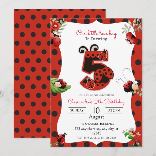 Lady Bug 5e verjaardagsfeest Kaart (Voorkant / Achterkant)