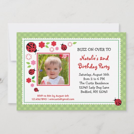 Lady Bug Birthday Fotouitnodiging Kaart (Voorkant)