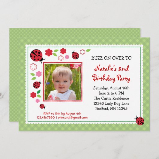 Lady Bug Birthday Fotouitnodiging Kaart (Voorkant / Achterkant)