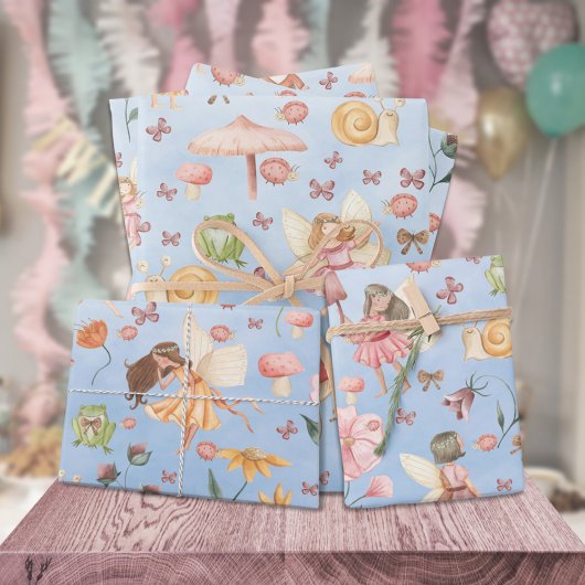 Lady Bug Butterfly Toad Gnome Fairies Garden Blue Inpakpapier Vel