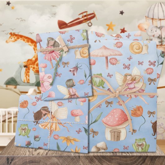 Lady Bug Butterfly Toad Gnome Fairies Garden Blue Inpakpapier Vel