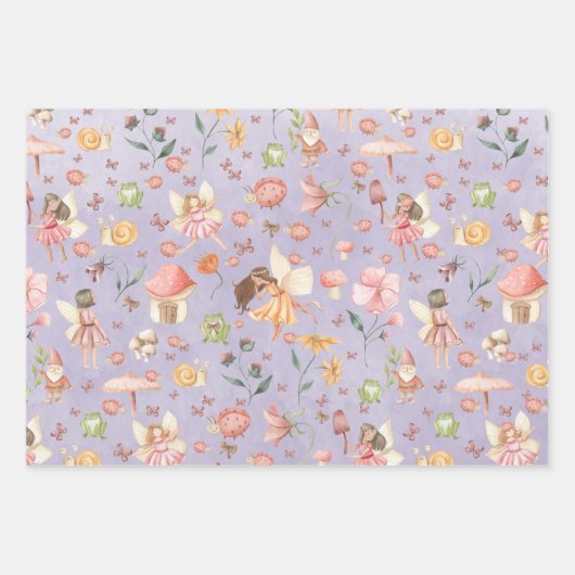 Lady Bug Butterfly Toad Gnome Fairy Garden Paars Inpakpapier Vel (Voorkant 3)