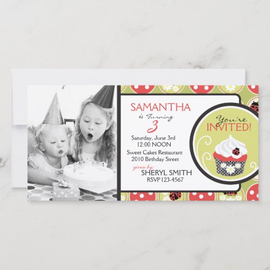 Lady Bug & Cupcake Birthday Uitnodigingsfotokaart (Voorkant)
