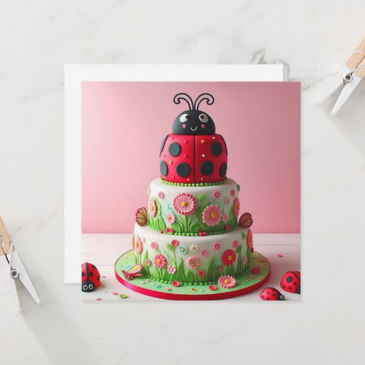 LADY BUG EN BLOEMEN KINDEREN VERJAARDAGSTAART KAART (Voorkant / Achterkant in situ)
