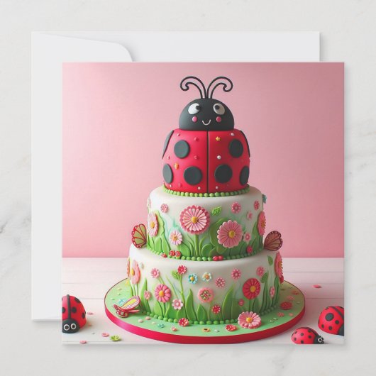 LADY BUG EN BLOEMEN KINDEREN VERJAARDAGSTAART KAART (Voorkant)