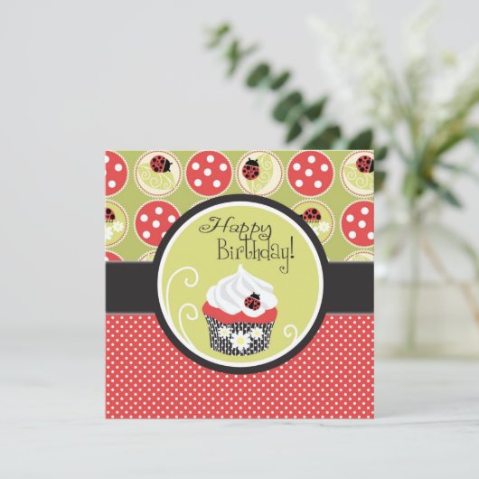 Lady Bug en Cupcake Birthday Kaart (Staand voorkant)