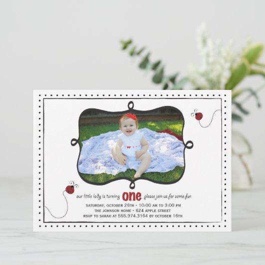 Lady Bug First Birthday Party Invitation -card- Kaart (Staand voorkant)