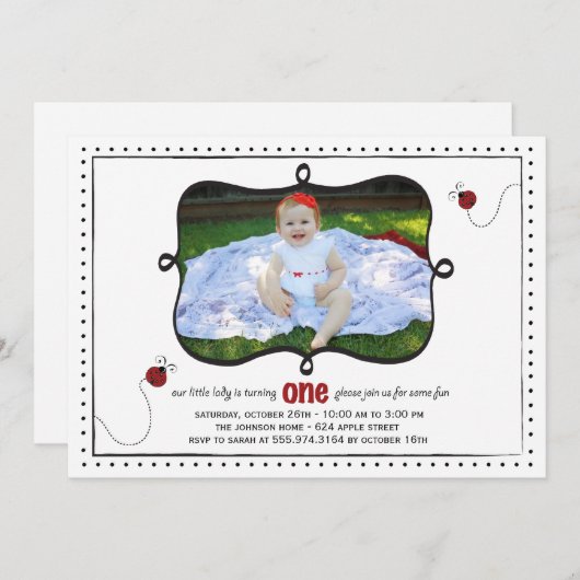 Lady Bug First Birthday Party Invitation -card- Kaart (Voorkant / Achterkant)