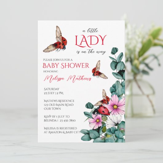 Lady bug kleine dame baby shower uitnodiging (Staand voorkant)