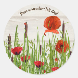 Lady bug op rode papavers met cattails ronde sticker