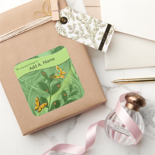 Lady Bugs en Butterflies in de groene Sjabloon Vierkante Sticker (Geschenken)