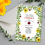 Lady Bugs   Wildbloemen Girls Birthday Party Kaart<br><div class="desc">Een uitnodiging voor een verjaardagsfeestje met een grens van groen gestreepte ladybugs en zwarte geoogste sussen. Pas de tekst aan.</div>