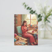 Lady Crocheting  in Her Cozy Craftting Room  Briefkaart (Staand voorkant)