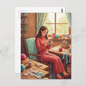 Lady Crocheting  in Her Cozy Craftting Room  Briefkaart (Voorkant / Achterkant)