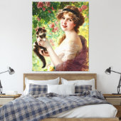 Lady Cute Kitten en Roos Flower Canvas Afdruk (Insitu (Slaapkamer))