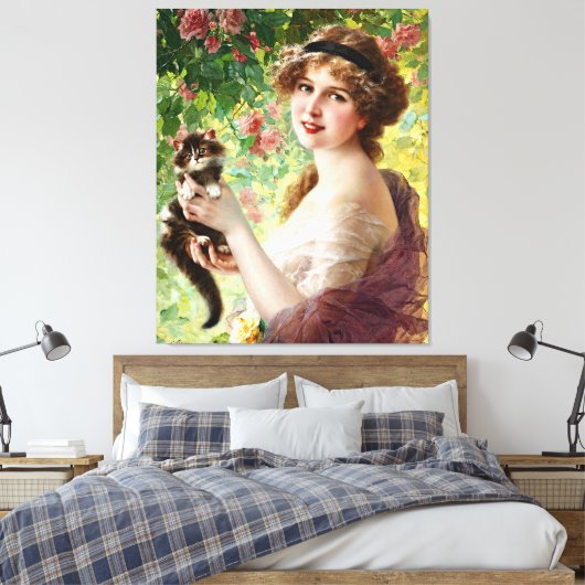 Lady Cute Kitten en Roos Flower Canvas Afdruk (Insitu (Slaapkamer))