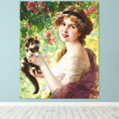 Lady Cute Kitten en Roos Flower Canvas Afdruk (Insitu (Houten vloer))